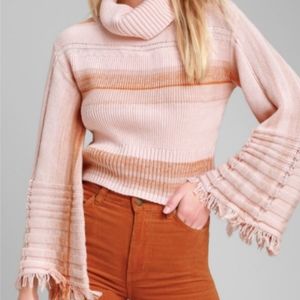 🍑 Free People pink peach umber striped turtle neck sweater fringe sleeves M